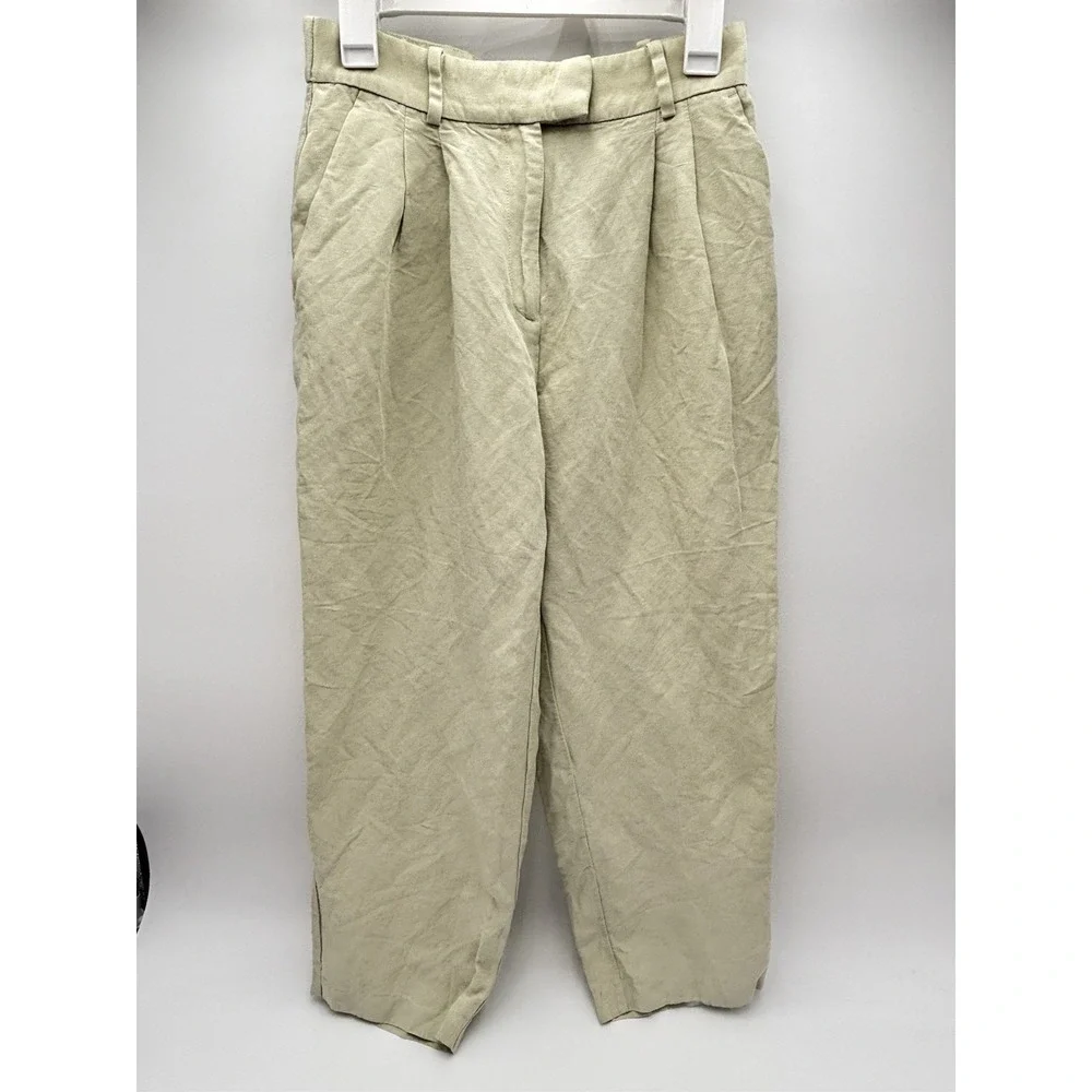 H&M Linen Blend Pleated Cropped Pants Womens US 6 Beige‎ Wide Leg Coastal